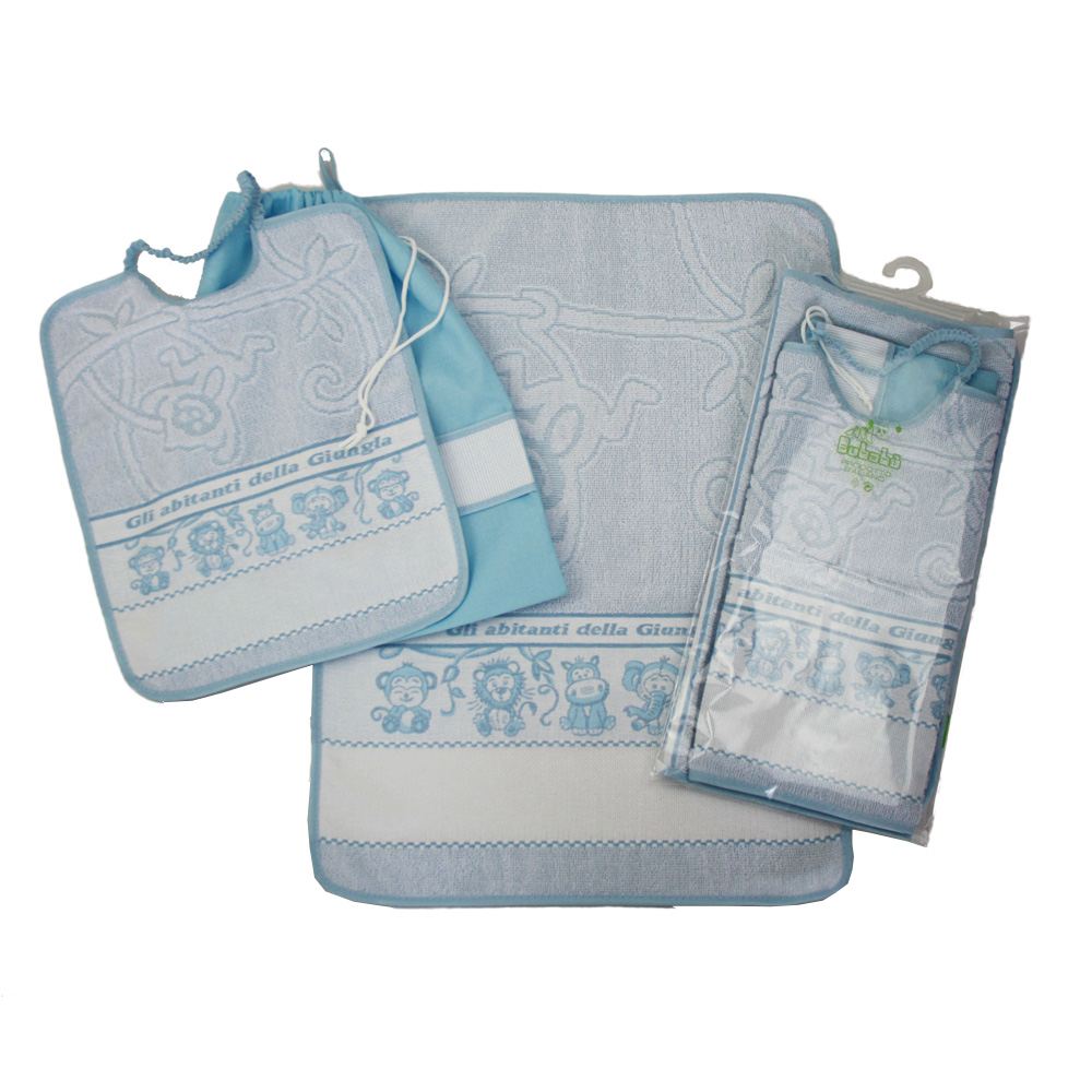 Completo Asilo da Ricamare 3 pz. GIUNGLA: Bavaglino con elastico+Asciugamano+Sacchetto tela