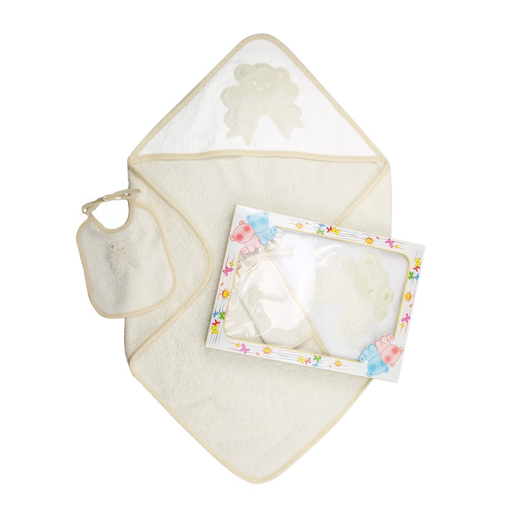 Confezione POOH:Accappatoio neonato a triangolo cm.60x60 in spugna+Bavetta cm.16x20 con laccetti in spugna e applicazione - in scatola