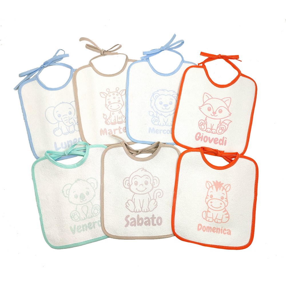 Confezione SETTIMANA  BABY:7 bavette con laccetti in spugna plastificata