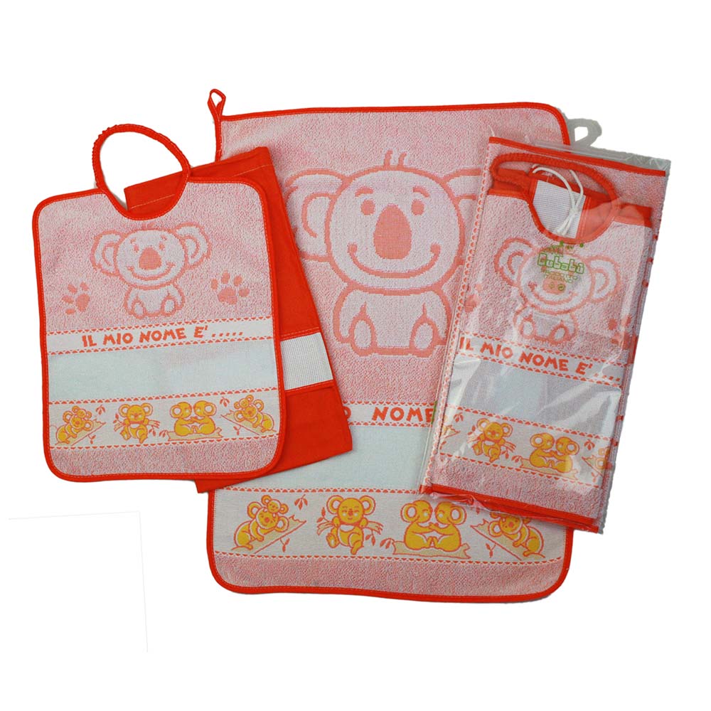 Completo 3 pezzi KOALA:asciugamano+bavetta con elastico+sacchetto