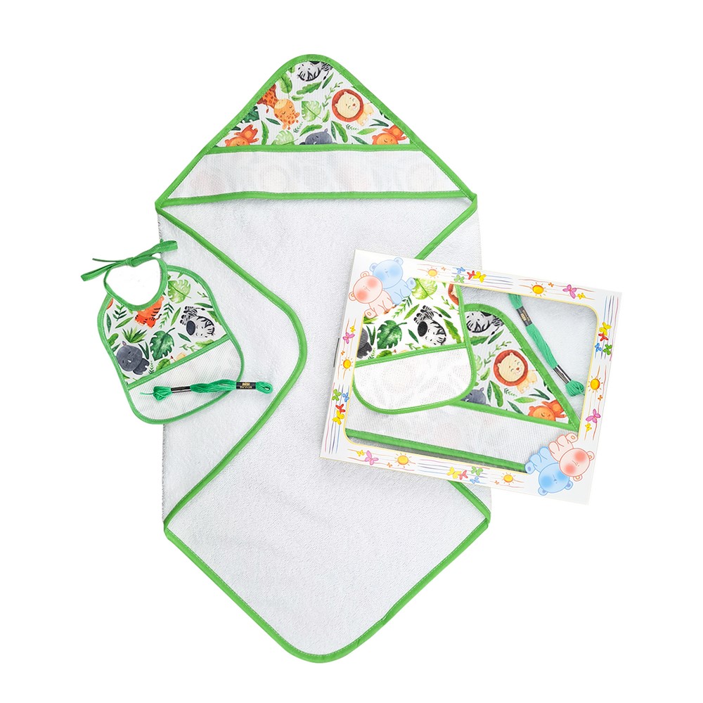 Confezione HAROLD:Accappatoio neonato a triangolo in spugna cm.60x60+bavetta in tela cm.16x20 con inserto da ricamare+filo ricamo in scatola