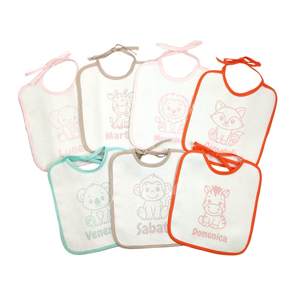Confezione SETTIMANA  BABY:7 bavette con laccetti in spugna plastificata