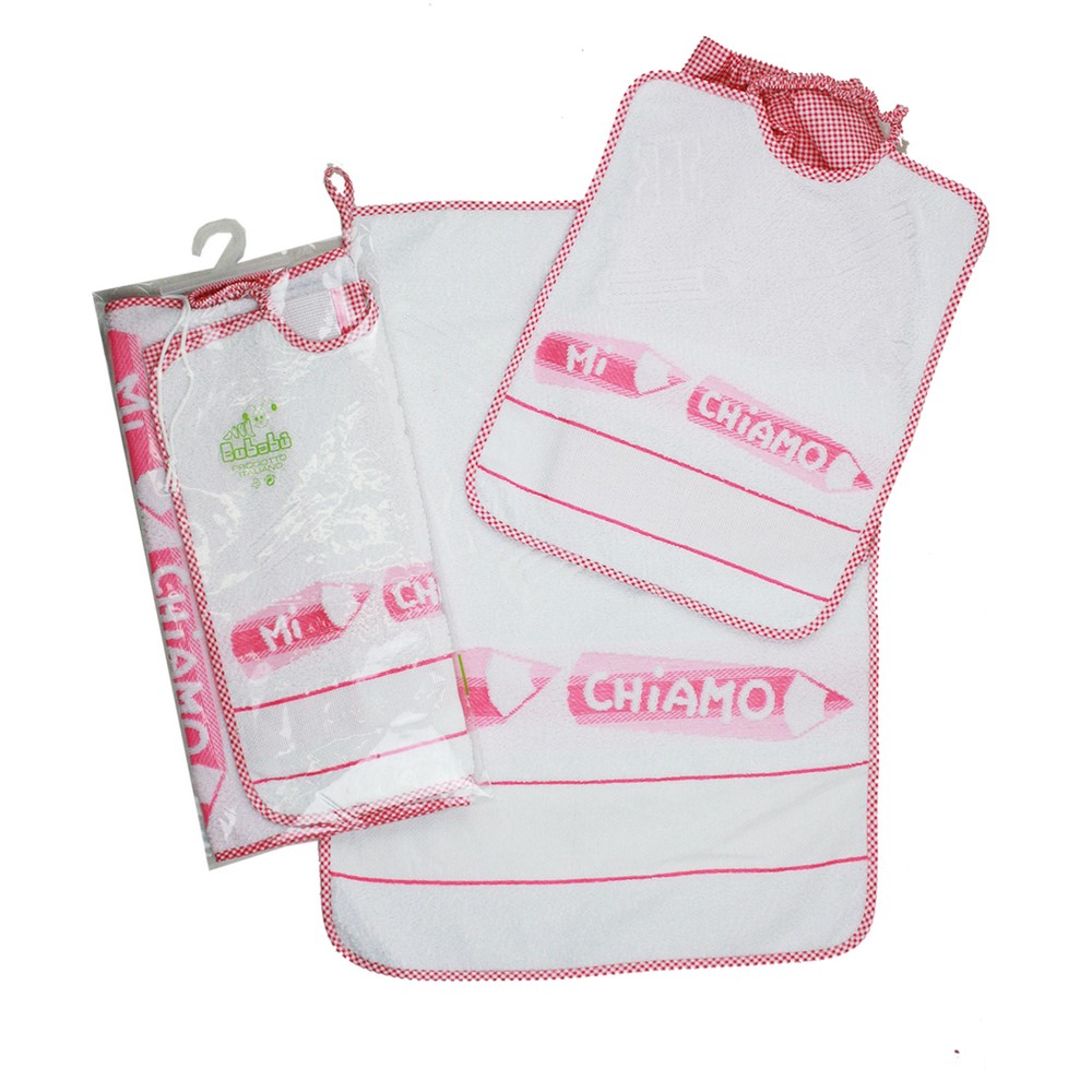 Completo 3 pz.MATITE:asciugamano+bavetta con elastico+sacchetto con etamine da ricamare