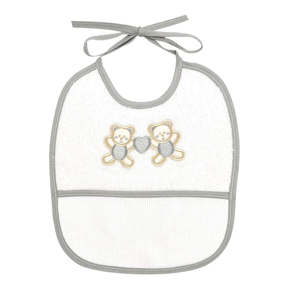 Bavetta COPPIA ORSETTI cm.20x23 con laccetti e  tasca da ricamare