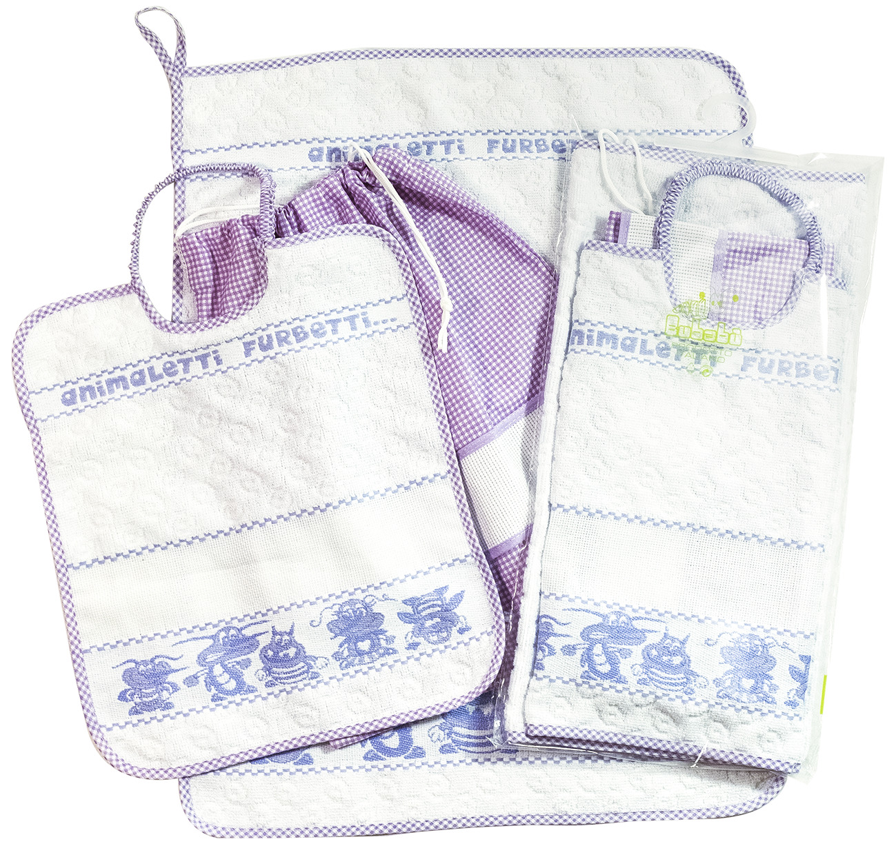 Completo 3 pz.ANIMALETTI FURBETTI:bavetta+asciugamano+sacchetto con etamine da ricamare