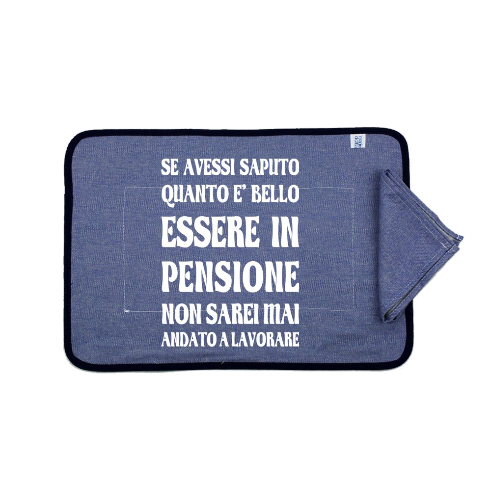 Set prima colazione JEANS: tovaglietta imbottita con TRANSFER spiritosi+tovagliolo