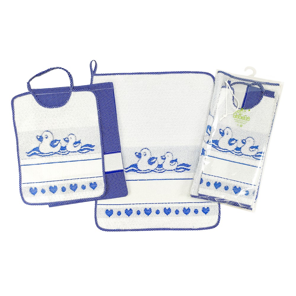 Completo 3 pz. PAPERA: bavaglino con elastico + salviettina in spugna + sacchetto con etamine