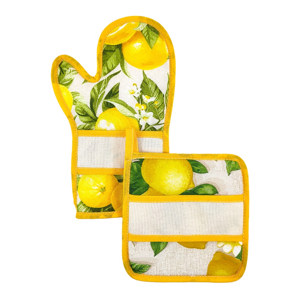 Bis forno SPRING:Guanto forno+presina con banda in etamine da ricamare