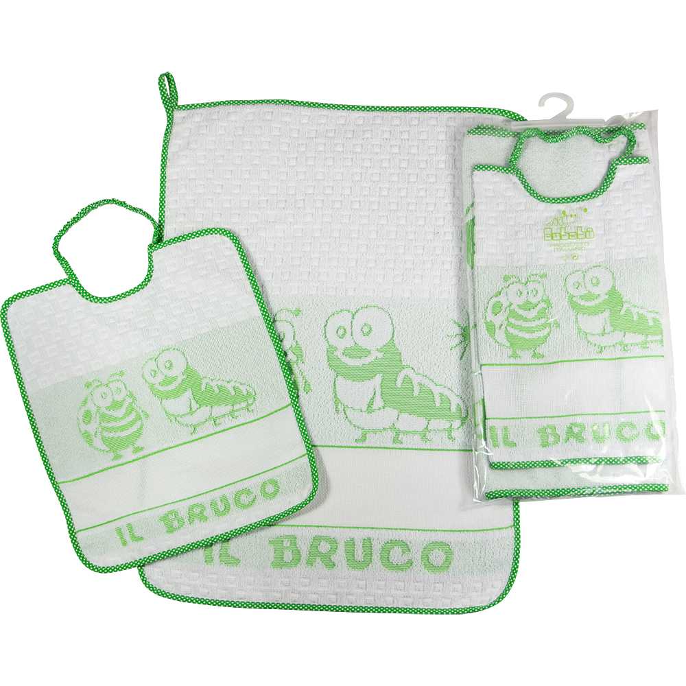 Completo 2 pz BRUCO:asciugamano+bavetta con elastico in spugna e con banda da ricamare