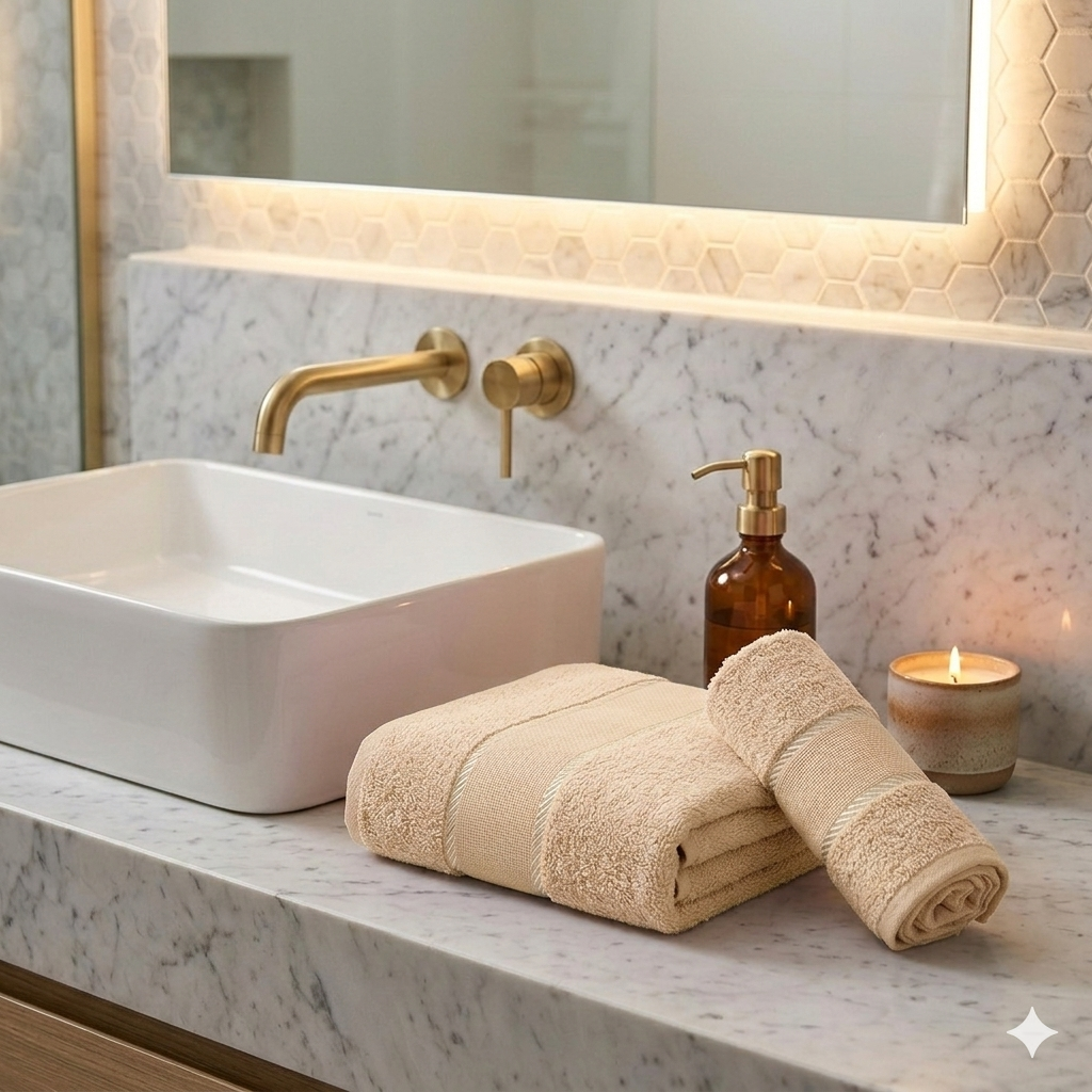 Coppietta spugna RICAMA TU:asciugamano+ospite con banda in etamine da ricamare