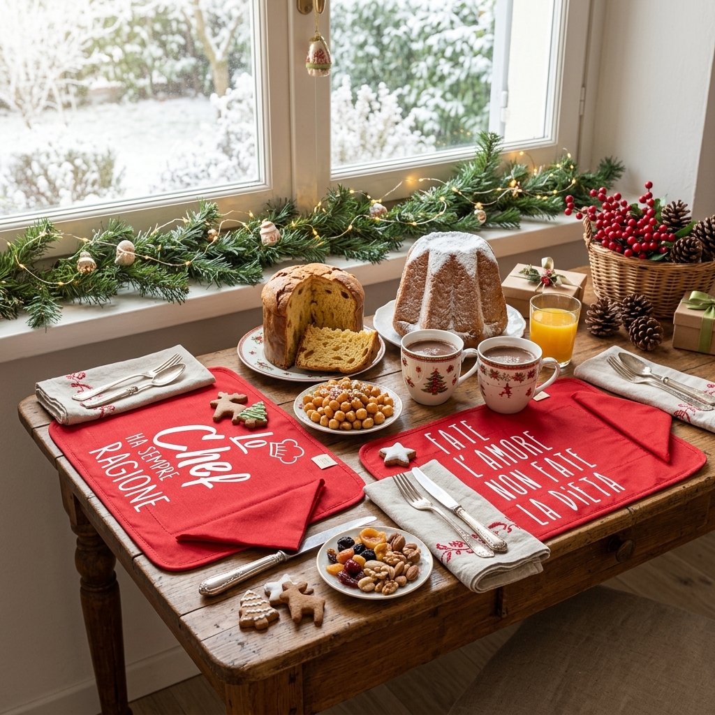 Set prima colazione NATALE: tovaglietta imbottita con TRANSFER spiritosi+tovagliolo