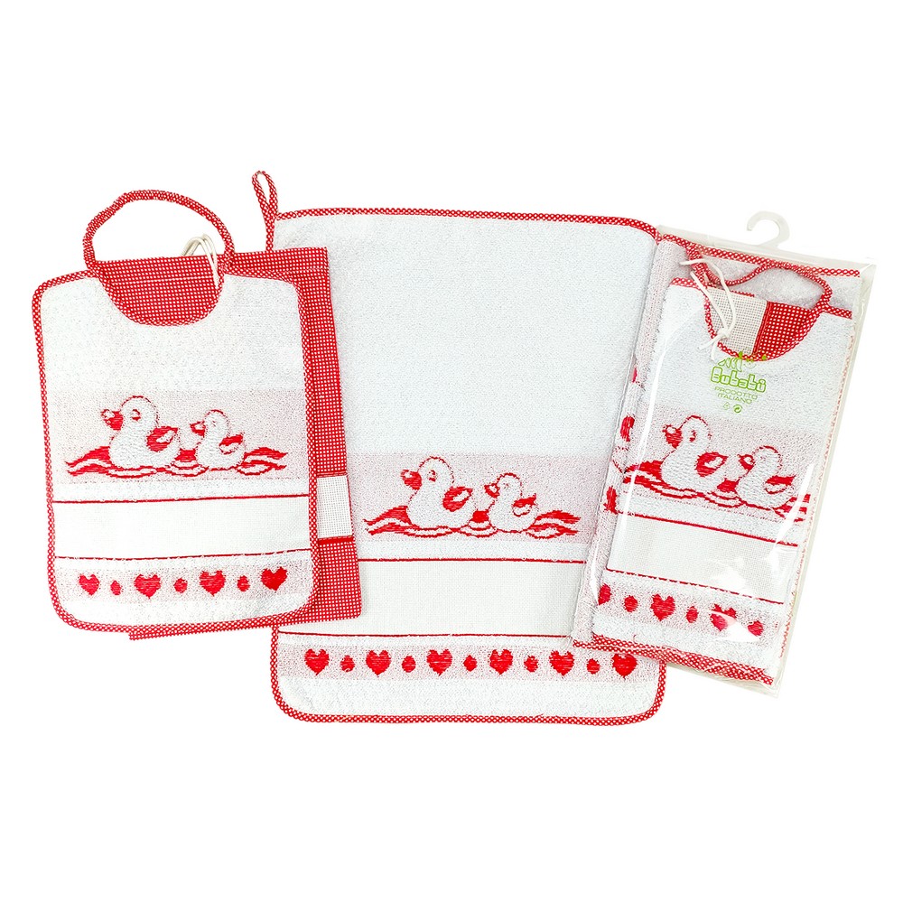 Completo 3 pz. PAPERA: bavaglino con elastico + salviettina in spugna + sacchetto con etamine